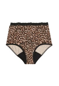 Höga trosor med leopardmönster, svart spetsdetalj vid midjan och enfärgade svarta benaccenter.