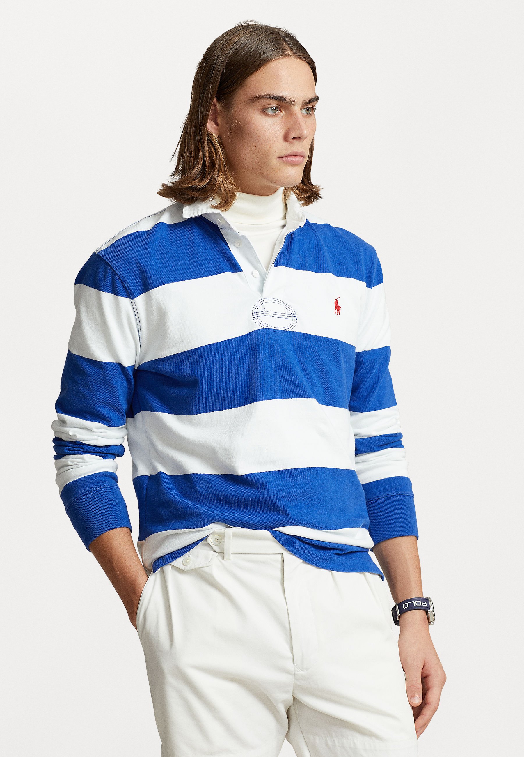 royal blue and white striped polo shirt