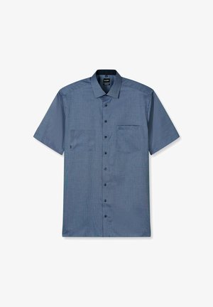 Kurzarmhemd in Dunkelblau mit dezentem Streifenmuster, einer Brusttasche und schwarzen Knöpfen. Aus leichtem Stoff gefertigt.