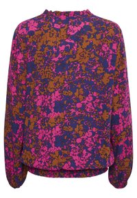 Långärmad blus med draperad halslinning, elastisk nederkant och ett flerfärgat blommönster i nyanser av rosa, brunt och blått.