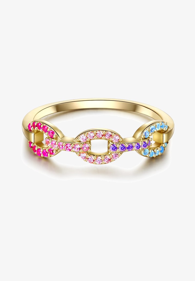 Arany gyűrű, amely összekapcsolt mintákkal rendelkezik, rózsaszín, lila és kék kövekkel beágyazva egy sima sávba. Polírozott felület, kubikus díszítésekkel.