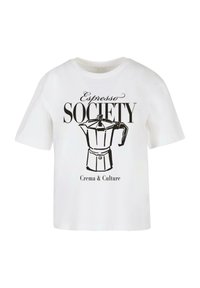 Weißes Baumwoll-T-Shirt mit schwarzer Kontur eines Espressokochers und dem Text "Espresso Society Crema & Culture."