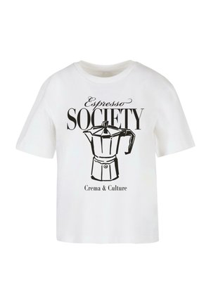 Balta medvilnė marškinėliai su juodu kontūru virimo aparato ir tekstu "Espresso Society Crema & Culture."
