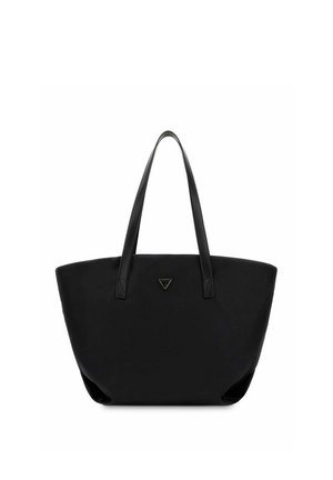 Bolso tote grande negro con dos asas largas, diseño sencillo y un pequeño logotipo triangular en el centro delantero.