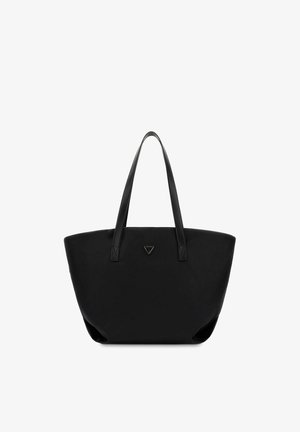 Large black tote bag with two long handles, simple design, and a small triangular logo at the center front.