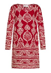 Rochie cu imprimeu roșu, cu mâneci lungi și decolteu în V, prezentând modele florale și geometrice în culoare crem. Țesătură moale cu o textură netedă.