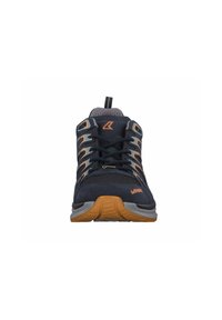 Men's hiking shoes in navy blue with gray accents and orange details. Features a textured upper, lace-up design, and rubber sole with grip.