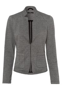 Veste gris à motif avec col mandarin, fermeture éclair sur le devant, deux poches avant et tissu texturé.