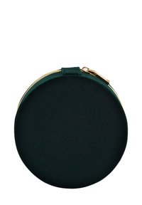 Round green velvet pouch with a gold zipper and a small top handle, featuring a smooth texture and a minimalist design.
