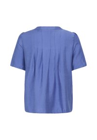 Blouse violet clair à manches courtes avec un col rond et des plis verticaux dans le dos.