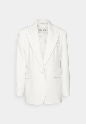 Weißer Blazer mit einer Reverskragen, einem einzigen Knopfverschluss und zwei frontalen Taschen, aus glattem Stoff mit strukturierter Passform.