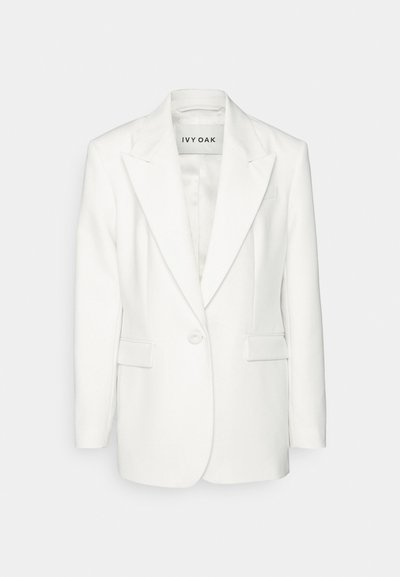 Weißer Blazer mit einer Reverskragen, einem einzigen Knopfverschluss und zwei frontalen Taschen, aus glattem Stoff mit strukturierter Passform.