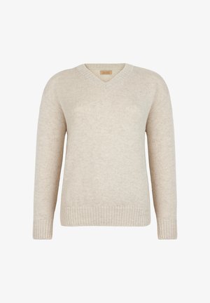 Beige stickad tröja med V-ringning, långa ärmar och ribbade fållar och ärmslut. Mjuk textur med ett subtilt mönster genom hela plagget.