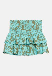 Πράσινη μίνι φούστα με σμάκι, φωτεινό γαλάζιο λουλουδάτο σχέδιο και διπλό στρώμα βολάν στη βάση.