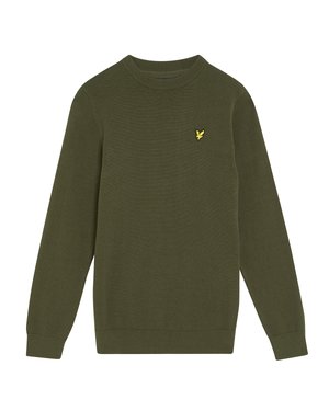 Pulover v olivno zeleni barvi, narejen iz pletenega materiala. Ima okroglo izrezan vrat in majhen rumen logotip na prsih. Dolgi rokavi z rebrastimi manšetami.