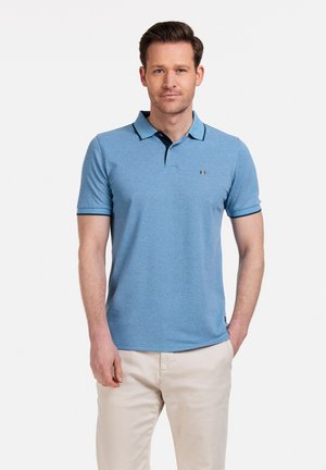 Blue polo shirt with a collar and short sleeves. Features contrasting dark trim and a small logo on the chest. Fabric appears textured.