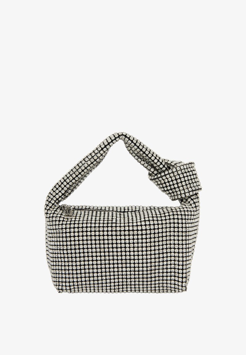 Czarna i srebrna torba o zaokrąglonym kształcie, z teksturowanym wzorem w kratkę, skręconym uchwytem i zamkiem błyskawicznym.