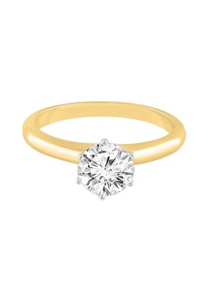 Prsteň solitaire zo žltého zlata s jedným okrúhlym diamantom s briliantovým brúsením drženým šiestimi pazúrmi.