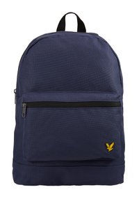 Sac à dos marine en tissu durable, doté d'une poche zippée à l'avant, d'une fermeture éclair noire et d'un logo d'aigle jaune en bas à l'avant.