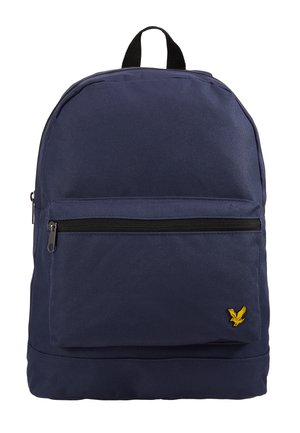 Navy backpack made of durable fabric, featuring a front zip pocket, black zipper, and a yellow eagle logo at the lower front.