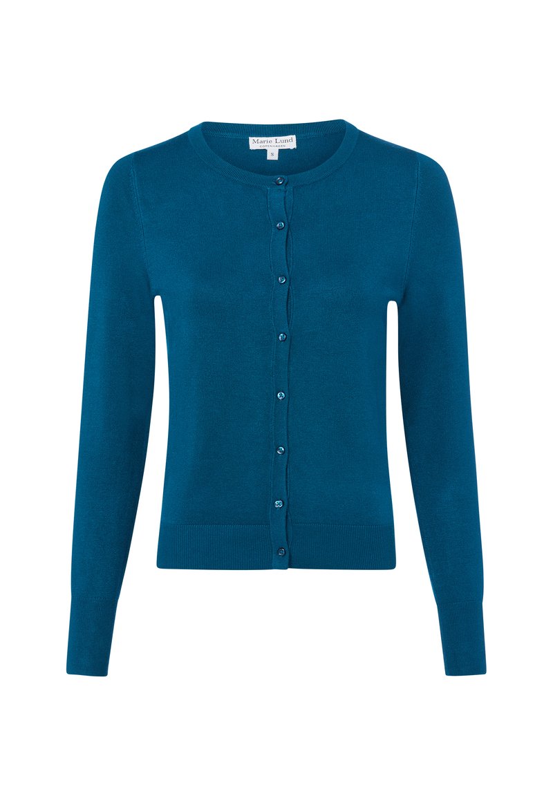 Tealfarbener Cardigan aus weichem Strickstoff mit Rundhalsausschnitt, langen Ärmeln und einer Knopfleiste auf der Vorderseite.