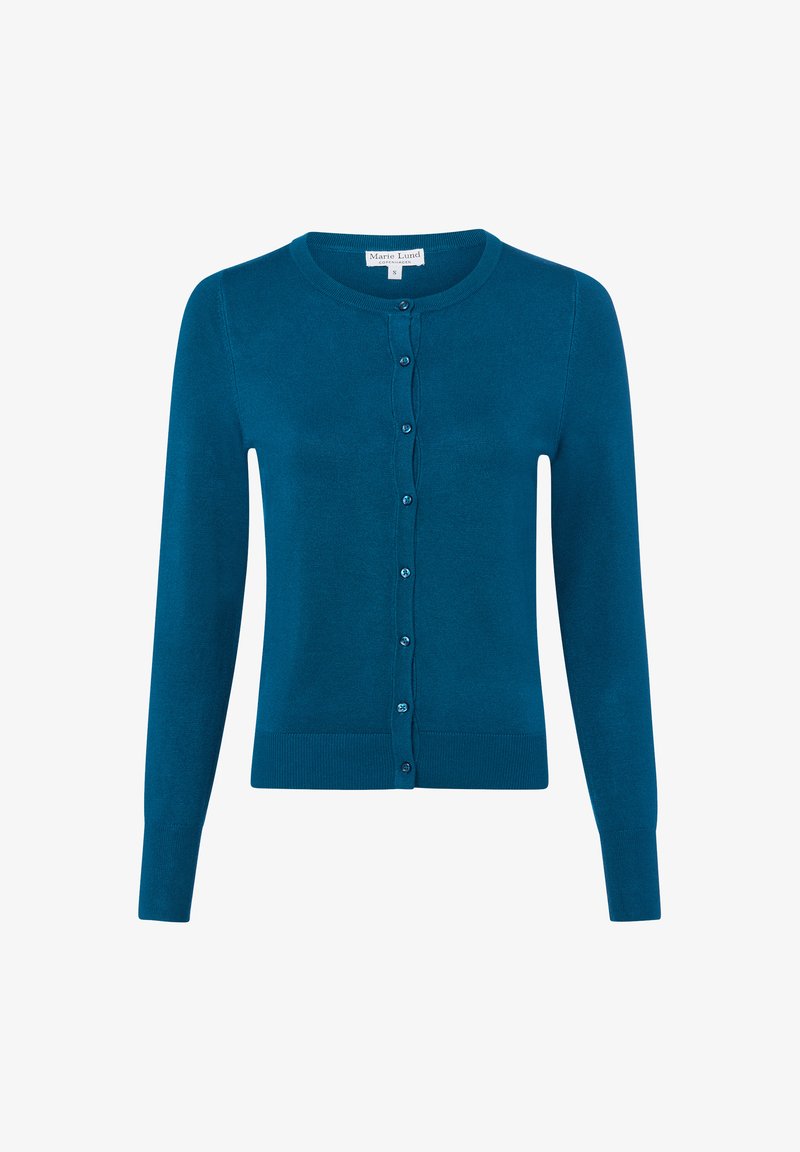 Turkusowy kardigan wykonany z miękkiej dzianiny, z okrągłym dekoltem, długimi rękawami i rzędem guzików z przodu.