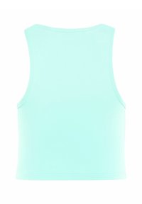Svijetlosmeđi bezrukavni crop top izrađen od mekog materijala, s okruglim izrezom i urednim šavovima, koji ima glatku teksturu.