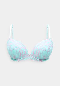 Απαλό γαλάζιο σουτιέν με επένδυση, διακοσμημένο με ροζ δαντέλα με λουλούδια και ρυθμιζόμενες λευκές τιράντες σε μονόχρωμο φόντο.