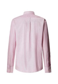 Chemise à manches longues pour homme à rayures verticales rose et blanches, avec poignets boutonnés et un pli plat au dos sous le yoke.