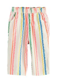 Bunte, leichte Baumwollshorts mit einem gemusterten Design, das vertikale, gewellte Streifen in Pink, Grün, Blau und Gelb zeigt. Elastischer Bund.