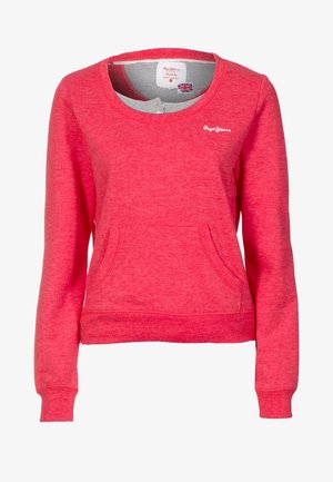 Punainen pitkähihaisen collegepaita, jossa etupuolen kengurutasku, pyöreä pääntie ja pieni valkoinen "Pepe Jeans" -logo vasemmassa rinnassa.