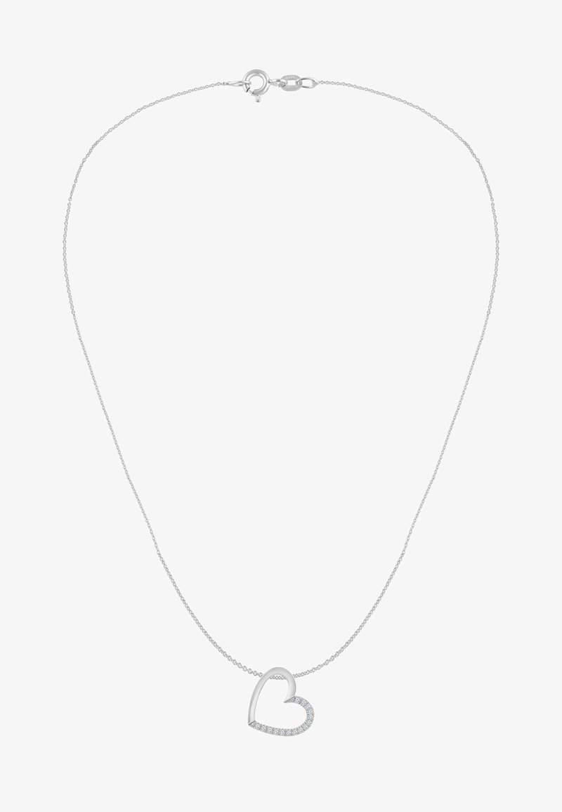 Hõbedast kaelakee, millel on südamekujulise ripatsiga, mille servas on selged vääriskivid, kinnitatud peene kettiga.