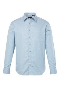 Helles blau gestreiftes Langarmhemd mit Button-Down-Kragen, Brusttasche und durchgehender Knopfleiste. Hergestellt aus einem glatten Stoff.