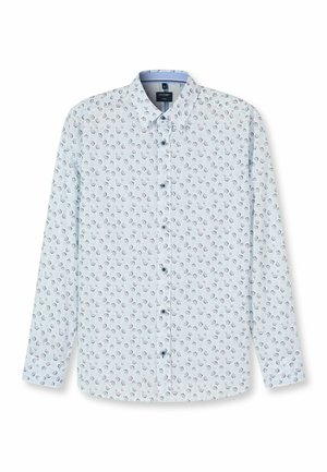 Chemise à manches longues bleu clair avec un motif floral, boutonnée à l'avant et col classique. Tissu lisse avec une légère brillance.
