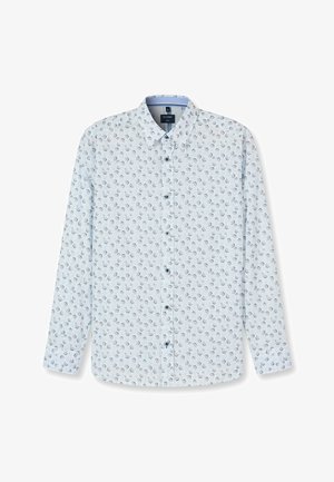 Chemise à manches longues bleu clair avec un motif floral, boutonnée à l'avant et col classique. Tissu lisse avec une légère brillance.