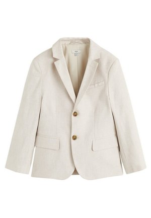 Beige enkeltknappet blazer med to knapper, opklippet revers, to frontlommer med klap og en brystlomme, vist fladt på en hvid baggrund.