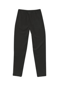 Zwarte broek van gladde stof, met een elastische tailleband en rechte pijpen. Geen zakken of opvallende patronen aanwezig.
