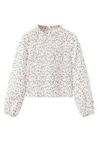 Bluza albă cu mâneci lungi, cu imprimeu mic floral negru, textură adunată la nivelul bustului și design cu guler înalt tip mock neck. Țesătură netedă cu manșete elastice.
