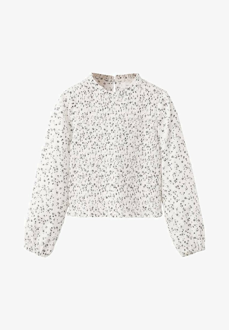 Bluza albă cu mâneci lungi, cu imprimeu mic floral negru, textură adunată la nivelul bustului și design cu guler înalt tip mock neck. Țesătură netedă cu manșete elastice.