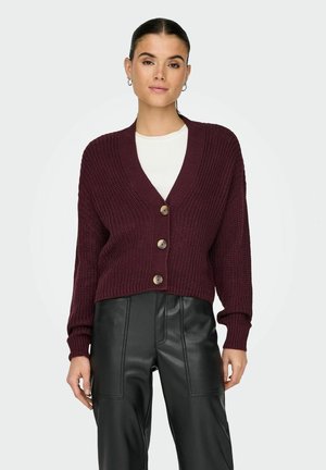 Frau trägt eine bordeauxrote Strickjacke mit großen Knöpfen über einem weißen Hemd und schwarzen Lederhosen, steht vor einem schlichten Hintergrund.