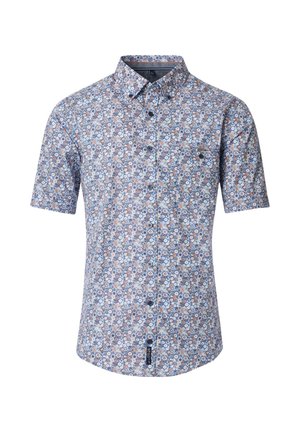 Korte mouwen overhemd met knopen, blauw, wit en oranje cirkelvormig bloemenpatroon en een klein borstzakje aan de linkerkant.
