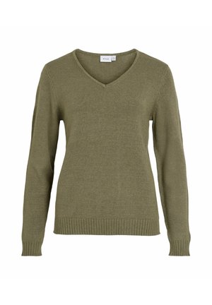 Olivengrøn V-hals sweater, lavet af blødt stof, med lange ærmer samt ribstrikkede manchetter og kantdetaljer. Simpelt og klassisk design.