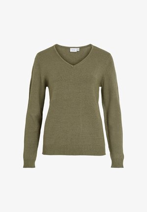 Olivengrøn V-hals sweater, lavet af blødt stof, med lange ærmer samt ribstrikkede manchetter og kantdetaljer. Simpelt og klassisk design.