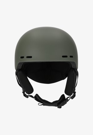 Vihreä matta kypärä, jolla on pyöristetty muoto. Varustettu mustilla pehmusteilla ja säädettävillä hihnoilla. Ylhäältä näkyvät ilmanvaihtoaukot.