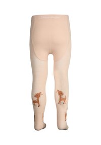 Beige Strumpfhosen mit weichem Strickmuster und braunen Hirschmotiven an den Unterschenkeln. Elastisches Design, geeignet für Kinderbekleidung.