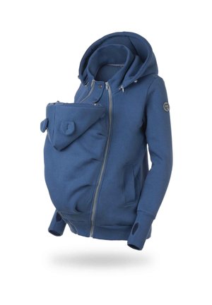 Modrá mikina z bavlněné směsi s přední kapsou určenou na nošení miminka, zapínání na zip, elastické manžety a boční kapsy. Obsahuje kapuci a branding.