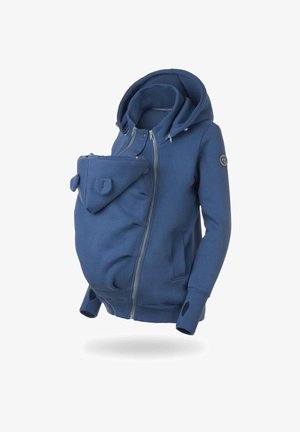 Blå bomuldsblandings hættejakke med en frontlomme designet til at bære baby, lynlås lukning, ribbet manchetter og sidelommer. Har en hætte og branding.