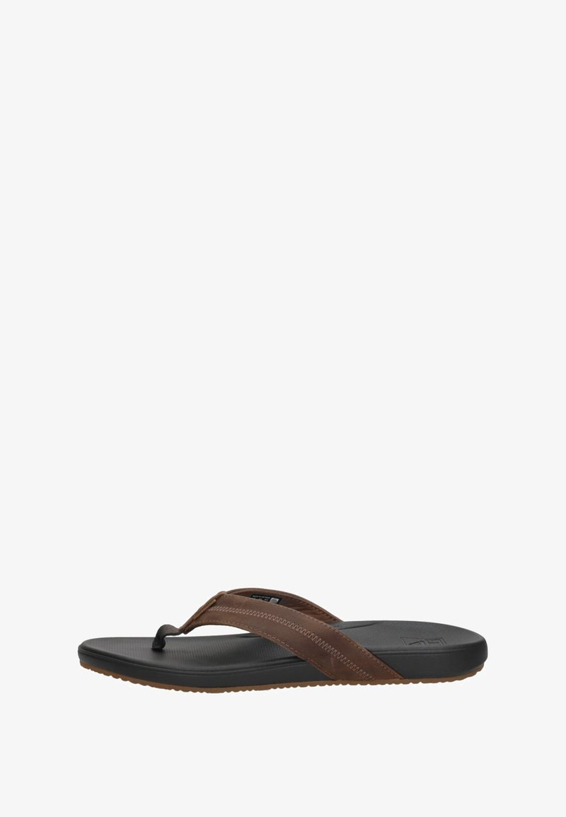 Brown leather flip-flop with a textured black rubber footbed, featuring a smooth toe post and contrasting stitching on the straps.
