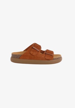 Sandalo in suede marrone con due cinturini regolabili, soletta in sughero e suola in gomma testurizzata. Design casual adatto per il clima caldo.