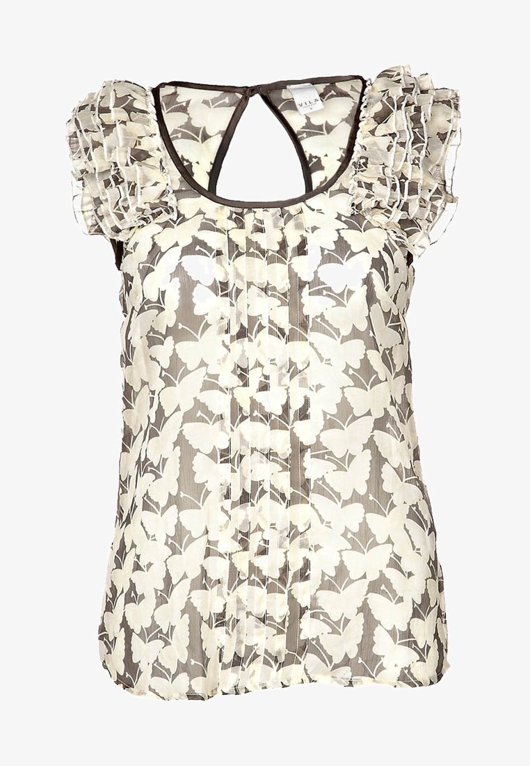 Przezroczysta bluzka z motywem motyla, falbaniastymi rękawami i wycięciem w kształcie łezki z tyłu. Paleta kolorów obejmuje kremowy i jasnobrązowy, z miękką teksturą.